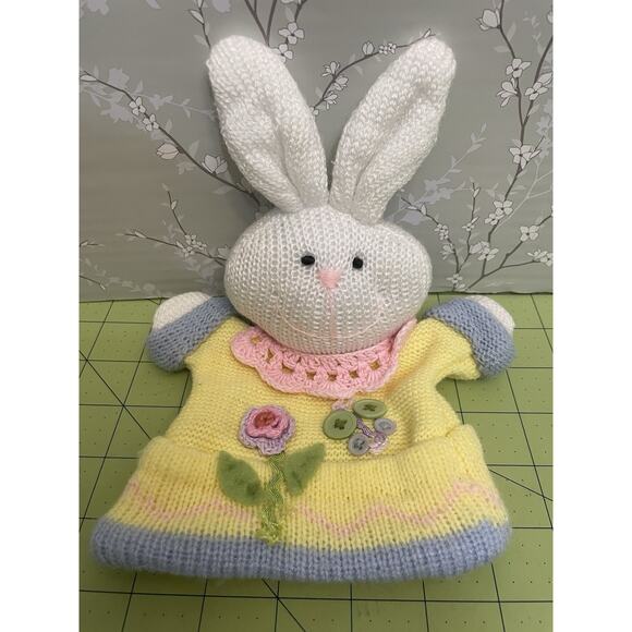 Bunny Rabbit Hand Puppet Easter Crochet Knit Pastel Floral Button Embellishments - Picture 1 of 7